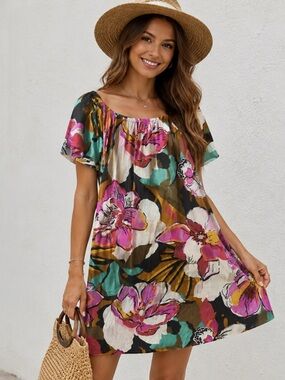 Billabong Tropical Floral Mini Dress Boho Beachy Pink Yellow Medium M